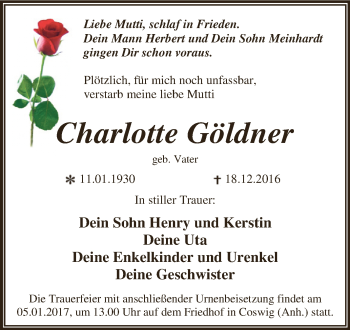 Traueranzeige von Charlotte Göldner von WVG - Wochenspiegel Dessau / Köthen
