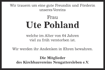 Traueranzeige von Ute Pohland von Super Sonntag Bernburg