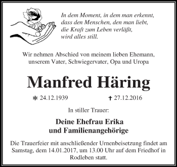 Traueranzeige von Manfred Häring von WVG - Wochenspiegel Dessau / Köthen