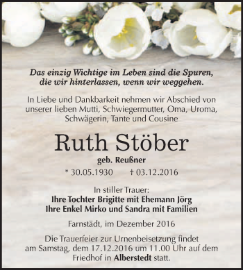 Traueranzeige von Ruth Stöber von WVG - Wochenspiegel Merseburg