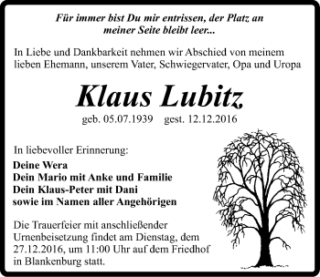 Traueranzeige von Klaus Lubitz von Mitteldeutsche Zeitung Quedlinburg