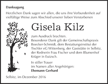 Traueranzeige von Gisela Kilz von WVG - Wochenspiegel Wittenberg