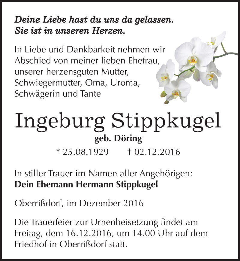 Traueranzeige für Ingeburg Stippkugel vom 07.12.2016 aus Mitteldeutsche Zeitung Mansfelder Land