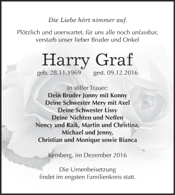 Traueranzeige von Harry Graf von WVG - Wochenspiegel Bitterfeld