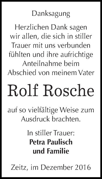 Traueranzeige von Rolf Rosche von Super Sonntag Zeitz