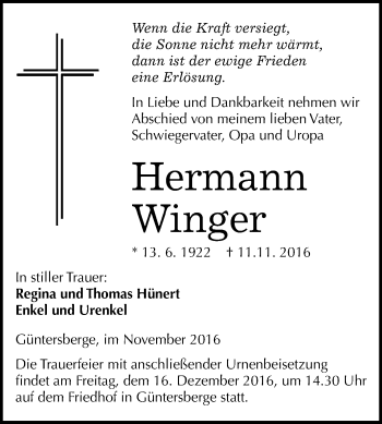 Traueranzeige von Hermann Winger von WVG - Wochenspiegel Quedlinburg