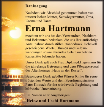 Traueranzeige von Erna Hartmann von Mitteldeutsche Zeitung Dessau-Roßlau