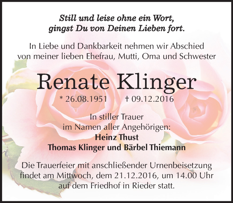  Traueranzeige für Renate Klinger vom 17.12.2016 aus Mitteldeutsche Zeitung Quedlinburg