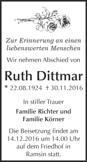 Traueranzeige von Ruth Dittmar von WVG - Wochenspiegel Bitterfeld