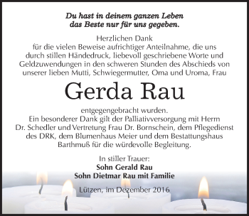 Traueranzeige von Gerda Rau von Mitteldeutsche Zeitung Weißenfels