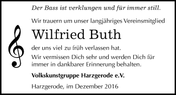 Traueranzeige von Wilfried Buth von Mitteldeutsche Zeitung Quedlinburg