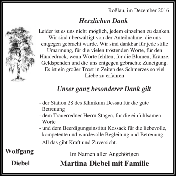 Traueranzeige von Wolfgang Diebel von WVG - Wochenspiegel Dessau / Köthen