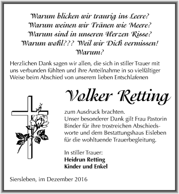 Traueranzeige von Volker Retting von Mitteldeutsche Zeitung Mansfelder Land