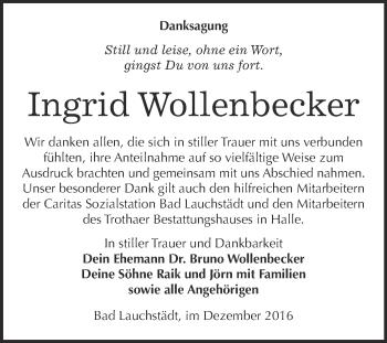 Traueranzeige von Ingrid Wollenbecker von WVG - Wochenspiegel Halle