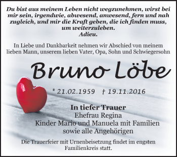 Traueranzeige von Bruno Löbe von WVG - Wochenspiegel Bitterfeld