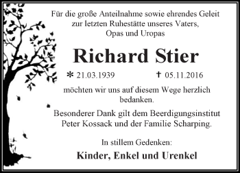 Traueranzeige von Richard Stier von WVG - Wochenspiegel Dessau / Köthen