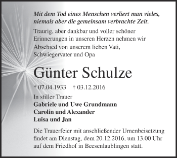 Traueranzeige von Günter Schulze von Super Sonntag Bernburg