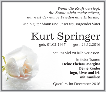 Traueranzeige von Kurt Springer von Mitteldeutsche Zeitung Merseburg/Querfurt