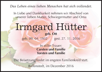 Traueranzeige von Irmgard Hütter von Mitteldeutsche Zeitung Quedlinburg