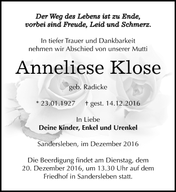 Traueranzeige von Anneliese Klose von Mitteldeutsche Zeitung Mansfelder Land