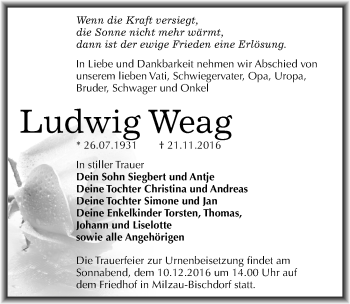 Traueranzeige von Ludwig Weag von Mitteldeutsche Zeitung Merseburg/Querfurt