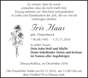 Traueranzeige von Iris Haas von WVG - Wochenspiegel Dessau / Köthen
