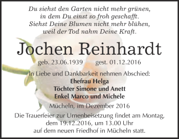 Traueranzeige von Jochen Reinhardt von WVG - Wochenspiegel Merseburg