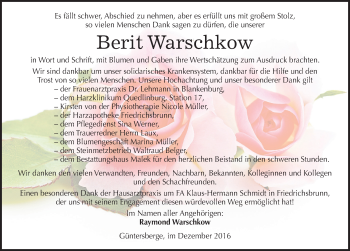 Traueranzeige von Berit Warschkow von Mitteldeutsche Zeitung Quedlinburg