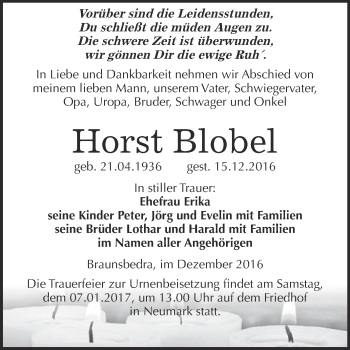 Traueranzeige von Horst Blobel von WVG - Wochenspiegel Merseburg