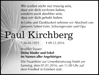 Traueranzeige von Paul Kirchberg von Mitteldeutsche Zeitung Mansfelder Land