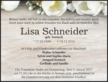Traueranzeige von Lisa Schneider von Mitteldeutsche Zeitung Halle/Saalkreis