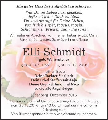 Traueranzeige von Elli Schmidt von WVG - Wochenspiegel Wittenberg