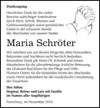 Traueranzeige von Maria Schröter von Mitteldeutsche Zeitung Naumburg/Nebra