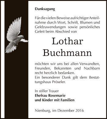 Traueranzeige von Lothar Buchmann von Super Sonntag Bernburg