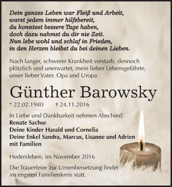 Traueranzeige von Günther Barowsky von Mitteldeutsche Zeitung Mansfelder Land