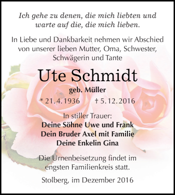 Traueranzeige von Ute Schmidt von Super Sonntag SGH Mansf. Land