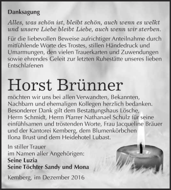 Traueranzeige von Horst Brünner von WVG - Wochenspiegel Wittenberg