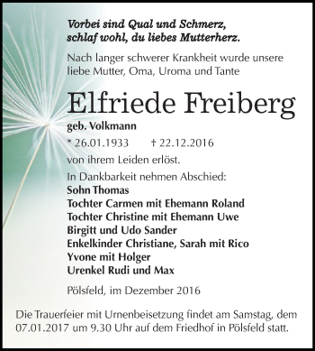 Traueranzeige von Elfriede Freiberg von Super Sonntag SGH Mansf. Land