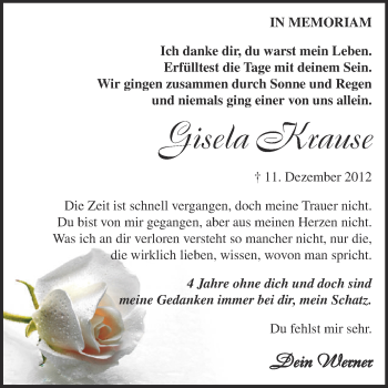 Traueranzeige von Gisela Krause von Super Sonntag Aschersleben
