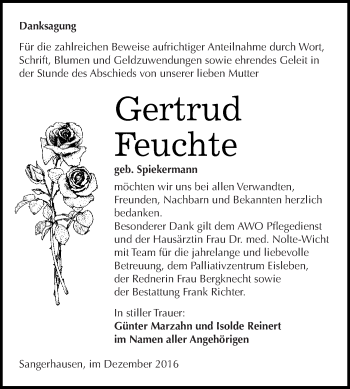 Traueranzeige von Gertrud Feuchte von Super Sonntag SGH Mansf. Land