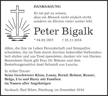 Traueranzeige von Peter Bigalk von WVG - Wochenspiegel NMB / WSF / ZTZ