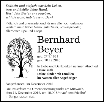 Traueranzeige von Bernhard Beyer von Mitteldeutsche Zeitung Sangerhausen