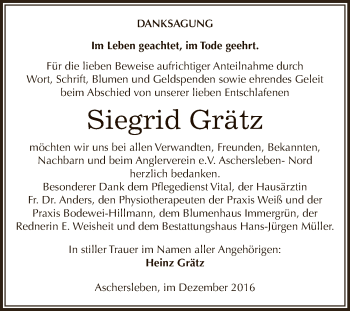 Traueranzeige von Siegrid Grätz von Super Sonntag Aschersleben
