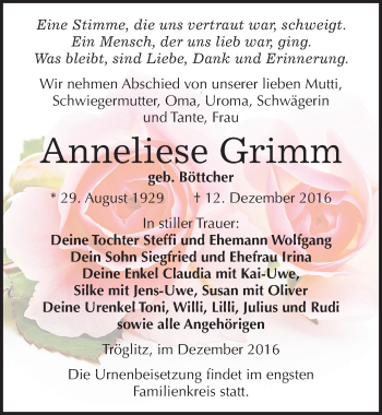 Traueranzeige von Anneliese Grimm von Mitteldeutsche Zeitung Zeitz