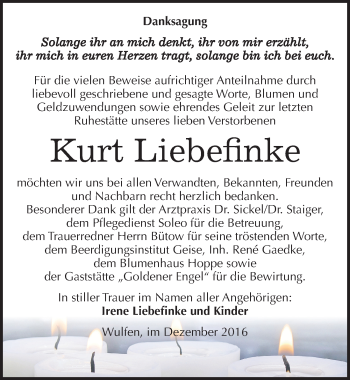 Traueranzeige von Kurt Liebefinke von Mitteldeutsche Zeitung Köthen