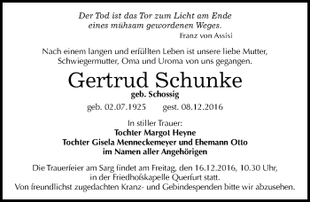 Traueranzeige von Gertrud Schunke von Mitteldeutsche Zeitung Merseburg/Querfurt