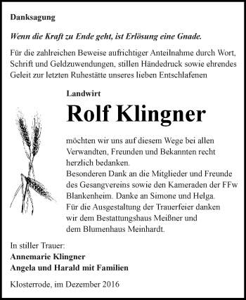 Traueranzeige von Rolf Klingner von Super Sonntag SGH Mansf. Land