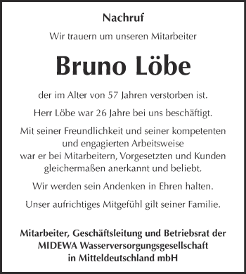 Traueranzeige von Bruno Löbe von WVG - Wochenspiegel Merseburg