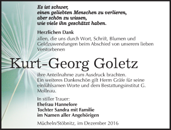Traueranzeige von Kurt-Georg Goletz von Mitteldeutsche Zeitung Merseburg/Querfurt