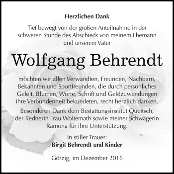 Traueranzeige von Wolfgang Behrendt von WVG - Wochenspiegel Dessau / Köthen